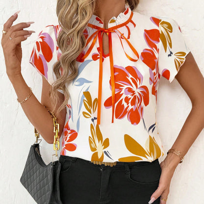 Fashionable Versatile Pleated Round Neck Tie-Print Short Sleeve Women's Top