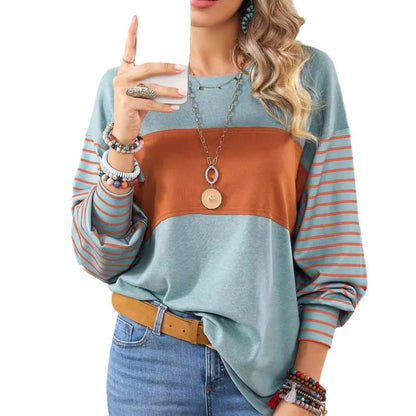 Women's casual color-blocked striped long sleeve round neck pullover t-shirt
