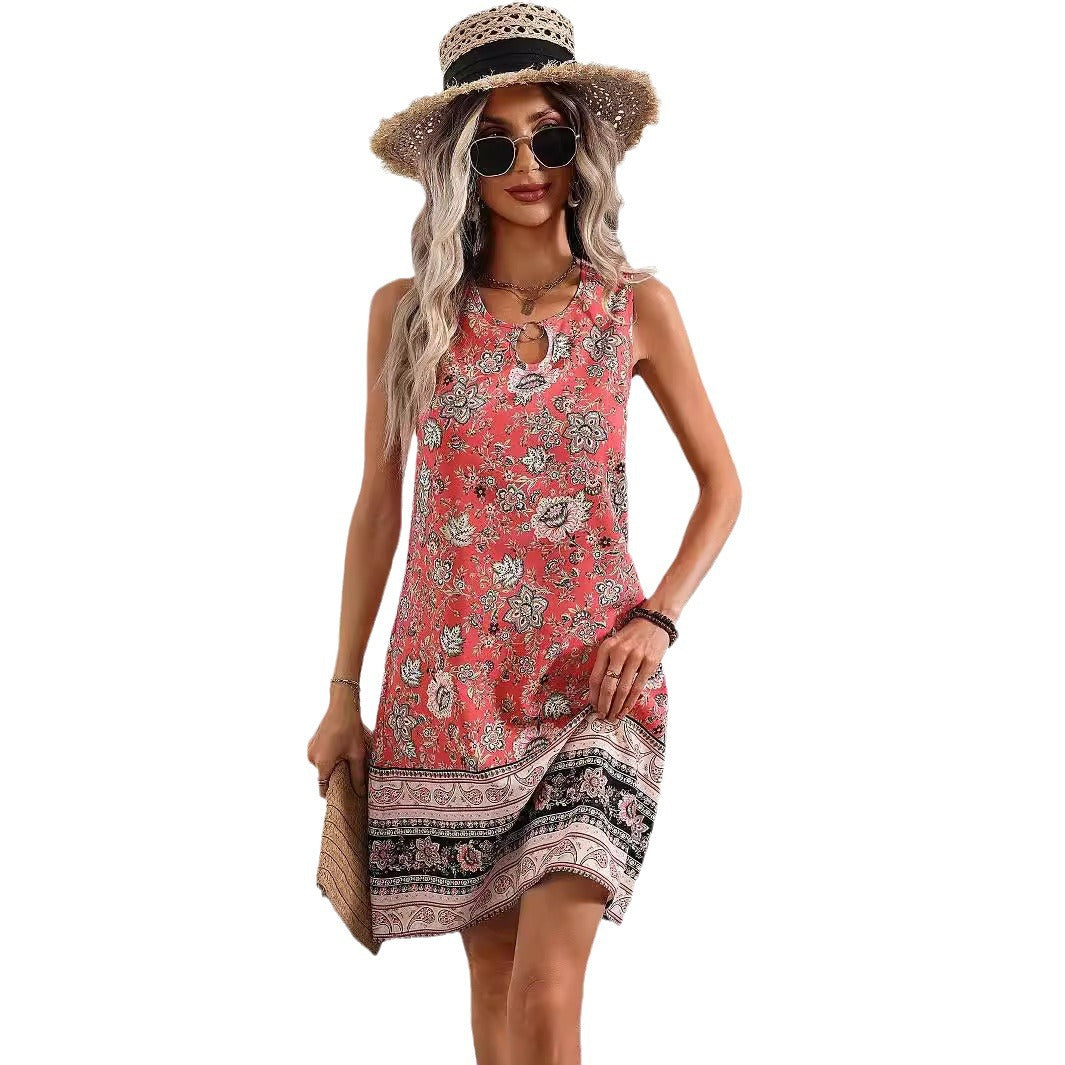 Elegant U-Neck Floral Print Sleeveless Dress with Ring Detail, Mid-Length Summer Dress for Women