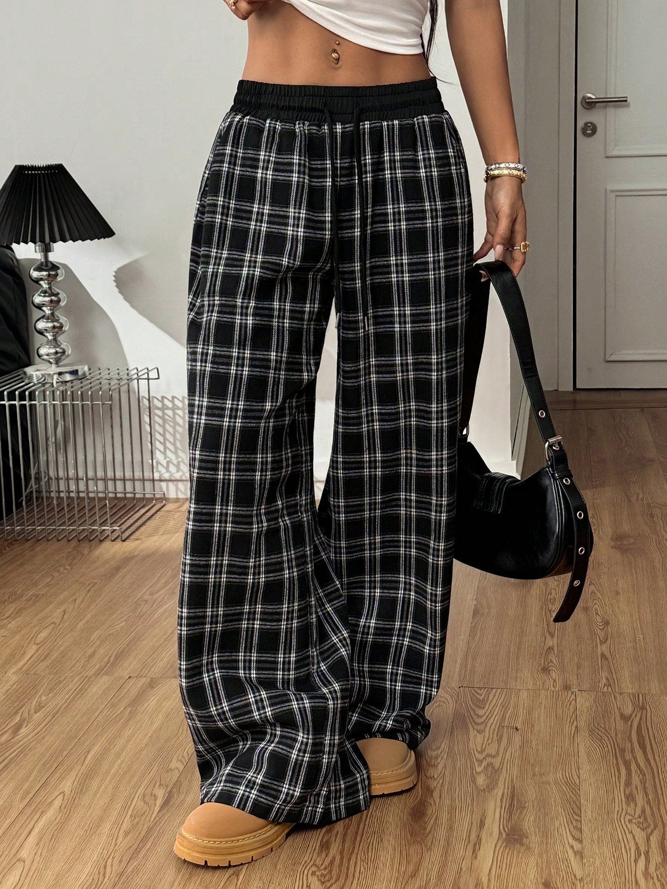 Loose Lazy Style Straight Leg Plaid Patchwork High Waist Drape Casual Sweatpants
