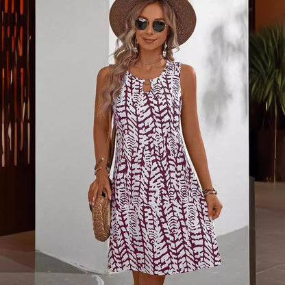 Elegant U-Neck Floral Print Sleeveless Dress with Ring Detail, Mid-Length Summer Dress for Women