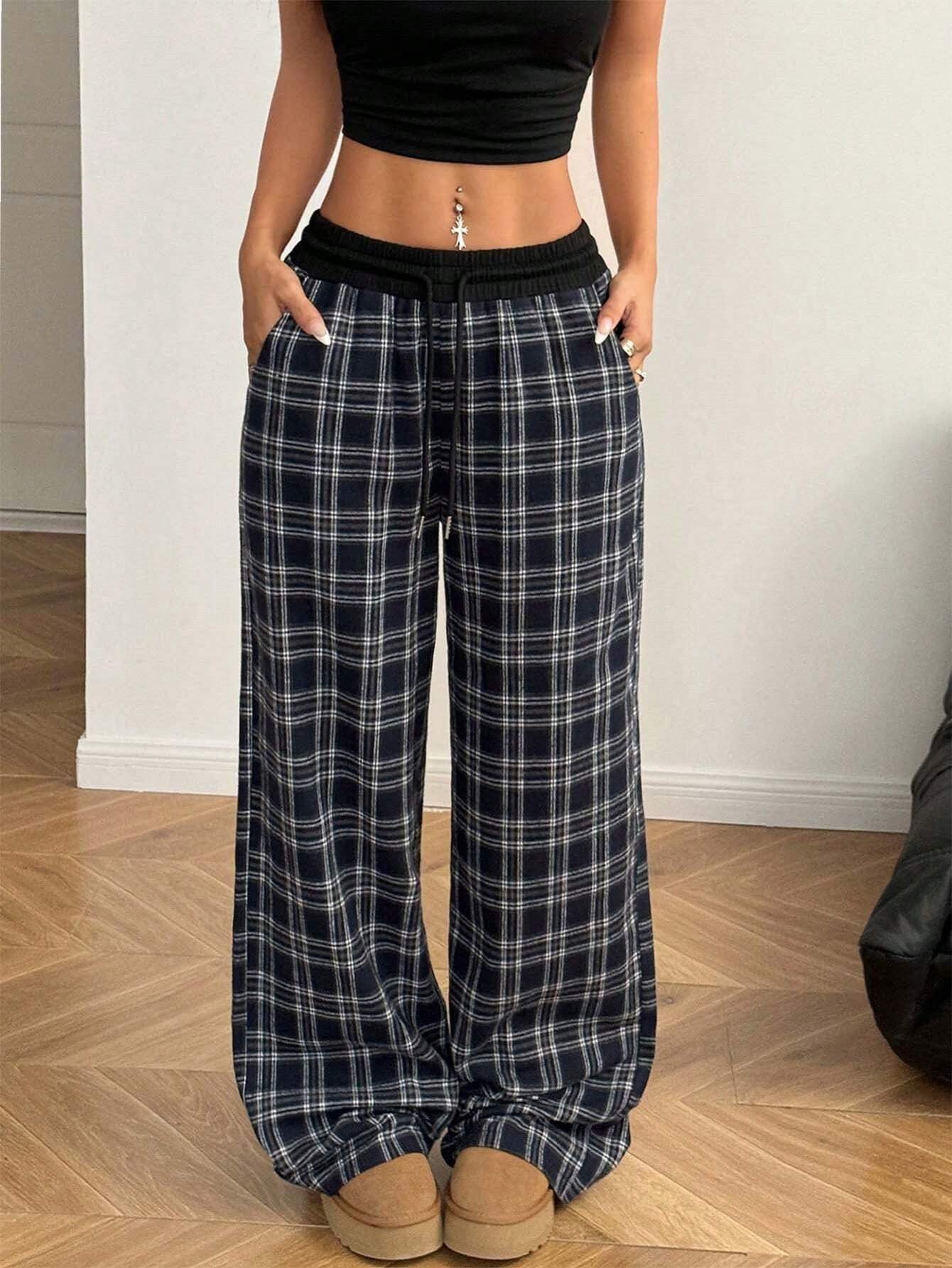 Loose Lazy Style Straight Leg Plaid Patchwork High Waist Drape Casual Sweatpants