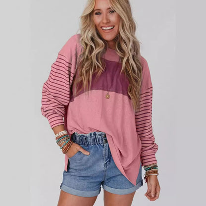 Women's casual color-blocked striped long sleeve round neck pullover t-shirt
