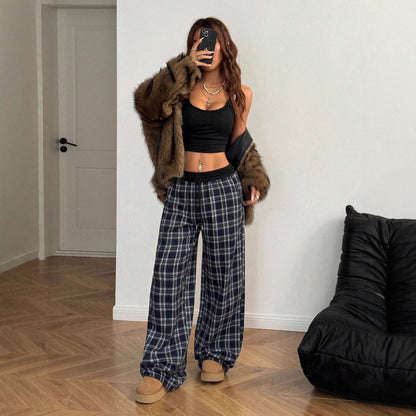 Loose Lazy Style Straight Leg Plaid Patchwork High Waist Drape Casual Sweatpants