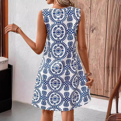 Elegant U-Neck Floral Print Sleeveless Dress with Ring Detail, Mid-Length Summer Dress for Women