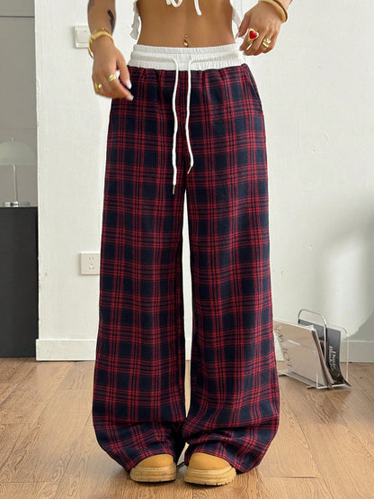 Loose Lazy Style Straight Leg Plaid Patchwork High Waist Drape Casual Sweatpants