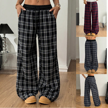 Loose Lazy Style Straight Leg Plaid Patchwork High Waist Drape Casual Sweatpants