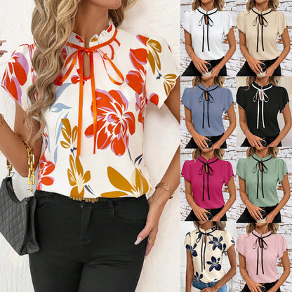 Fashionable Versatile Pleated Round Neck Tie-Print Short Sleeve Women's Top