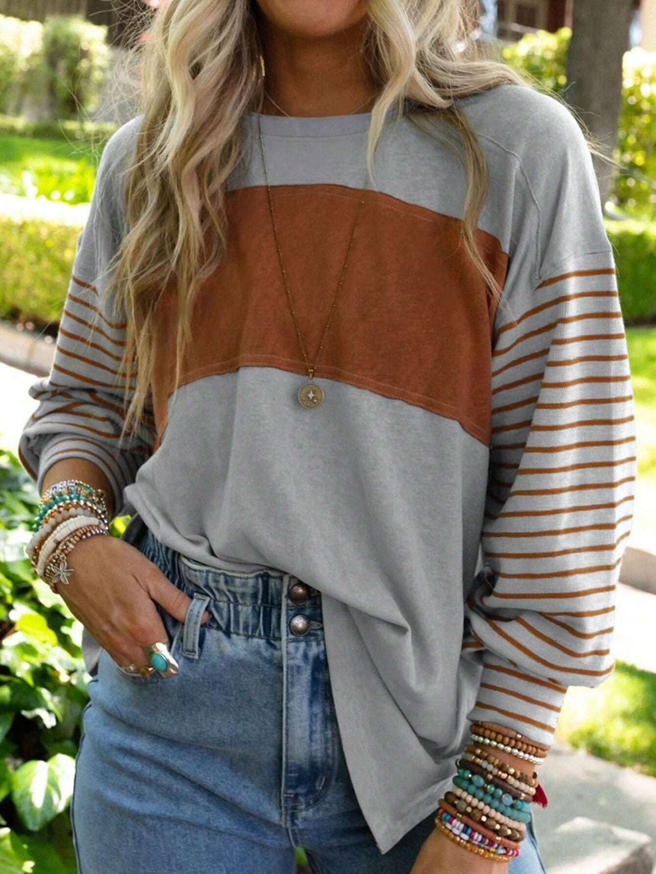 Women's casual color-blocked striped long sleeve round neck pullover t-shirt